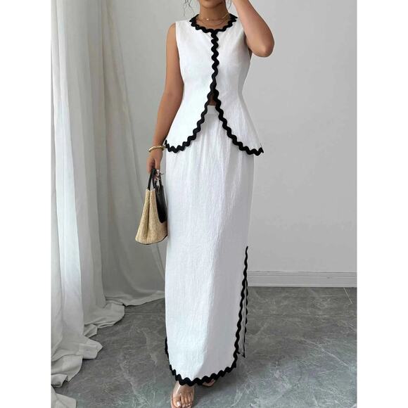 Contrast Scalloped Trim Sleeveless Top and Skirt Set - Picture 2 of 5